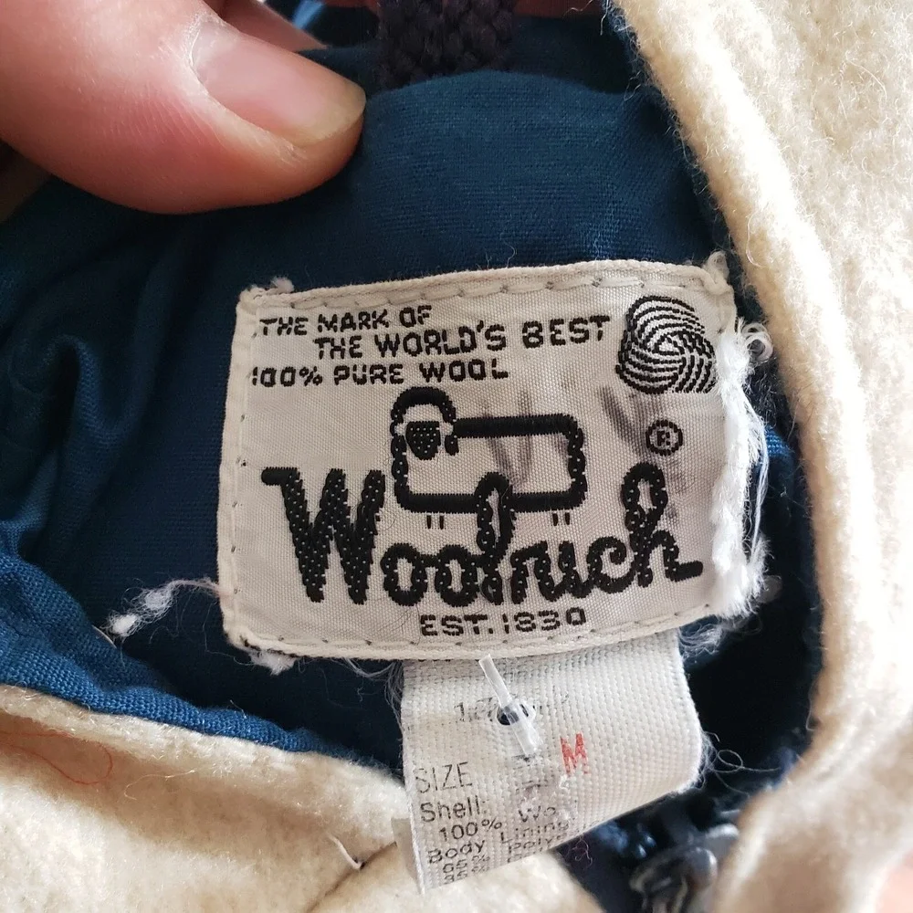 VINTAGE Woolrich Sweater‎ Youth Medium Off White Blue Zip Outdoor Fleece Boys * - Picture 5 of 10